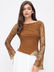 Mesh Aztec Boat Neck Asymmetrical Lettuce Hem Top
