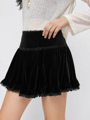 Velvet Mid Rise Lace Trim Flared Mini Skort