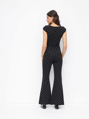 Cotton-blend Boat Neck Polka Dot Top & Mid Rise Flared Trousers Set