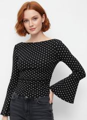 Boat Neck Solid Ruched Long Sleeve Tee
