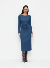 Boat Neck Metal Button Ruched Midi Dress