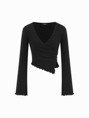 Brushed Fabric V-neck Bell Sleeve Ruched Asymmetrical Top & Straight Leg Trousers Set