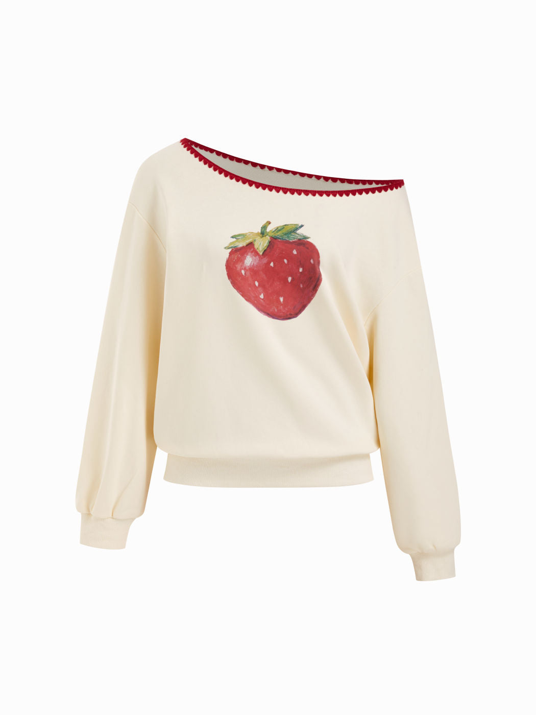 Cotton-blend Strawberry Graphic Asymmetrical Neck Contrasting Binding Oversized Sweatshirt