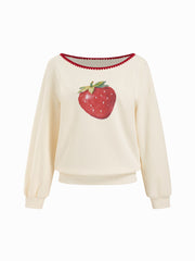 Cotton-blend Strawberry Graphic Asymmetrical Neck Contrasting Binding Oversized Sweatshirt