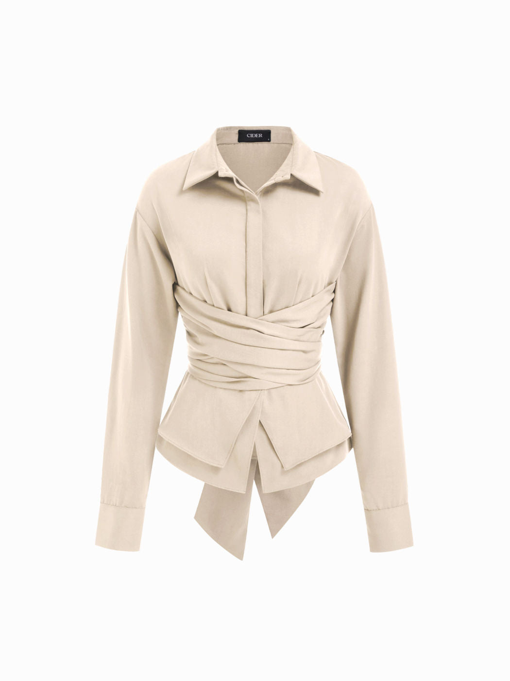 Collar Wrap Ruched Bowknot Long Sleeve Blouse