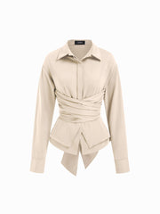 Collar Wrap Ruched Bowknot Long Sleeve Blouse
