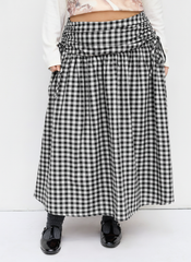 Cotton Mid Rise Plaid Bowknot Ruched Maxi Skirt Curve & Plus