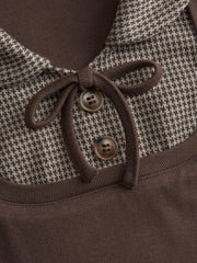 Jacquard Houndstooth Collar Short Sleeve Bowknot Two Tone Top