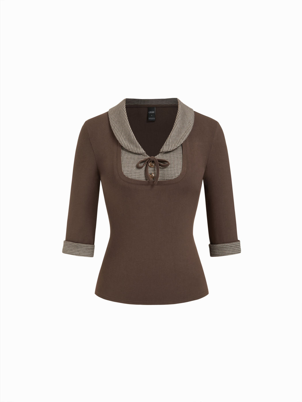 Jacquard Houndstooth Collar Short Sleeve Bowknot Two Tone Top