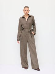 Houndstooth Collared Belted Wide Leg Jumpsuit