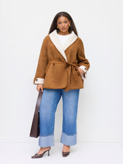 Faux Shearling Collar Oversized Jacket With Belt Curve & Plus