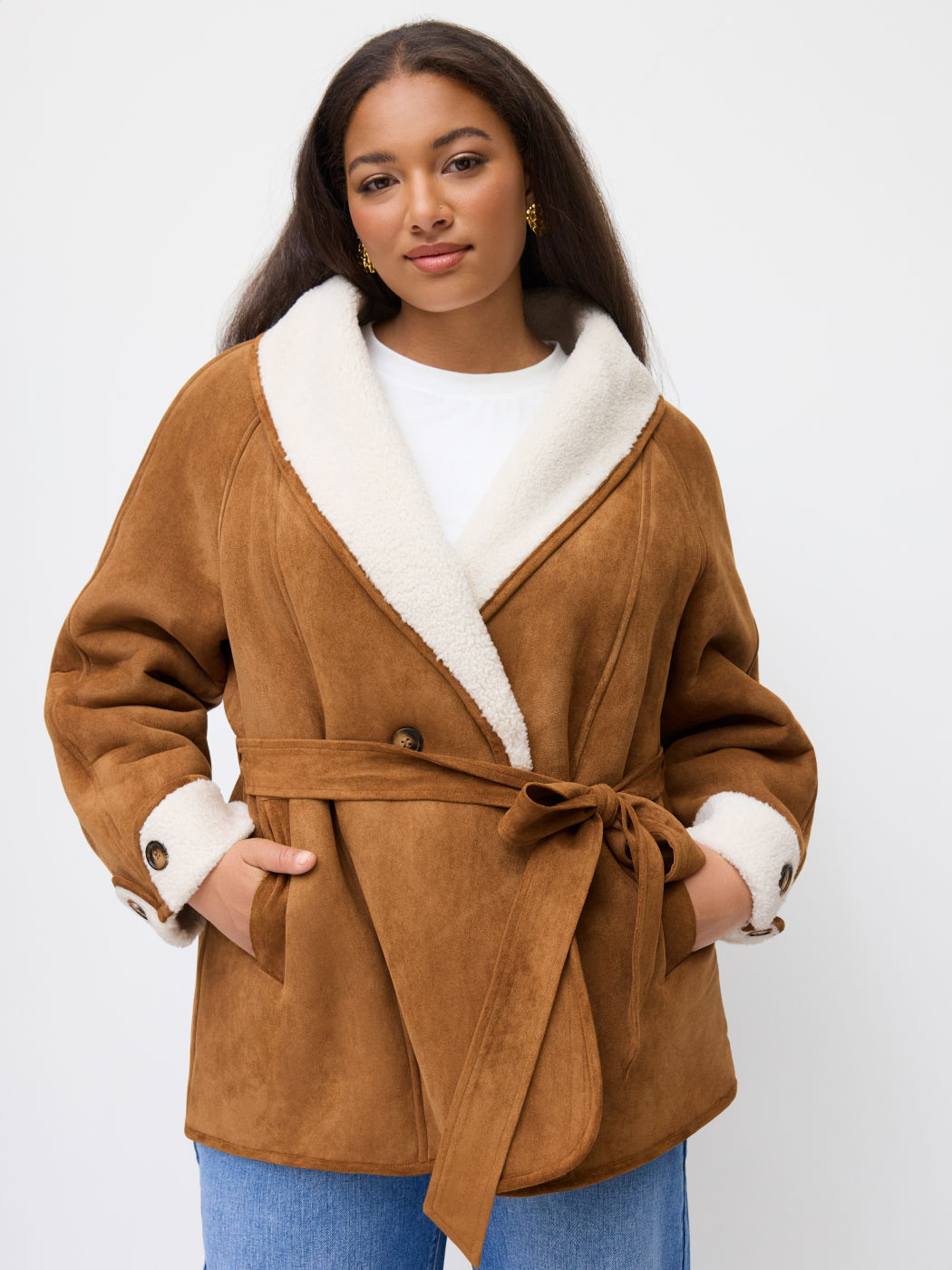 Faux Shearling Collar Oversized Jacket With Belt Curve & Plus