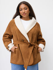 Faux Shearling Collar Oversized Jacket With Belt Curve & Plus