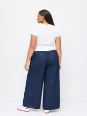 Denim Mid Rise Sea Animal Embroidery Elastic Waist Wide Leg Jeans Curve & Plus
