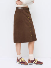 Corduroy Cotton-blend Mid Rise Pencil Midi Skirt With Belt