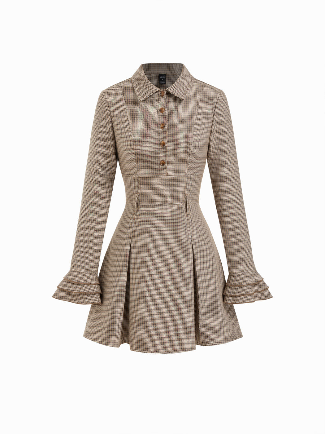 Collar Ruffle Sleeve Houndstooth A-line Mini Dress