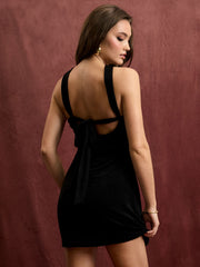 Asymmetrical Neck Metal Detail Backless Tie Back Mini Dress