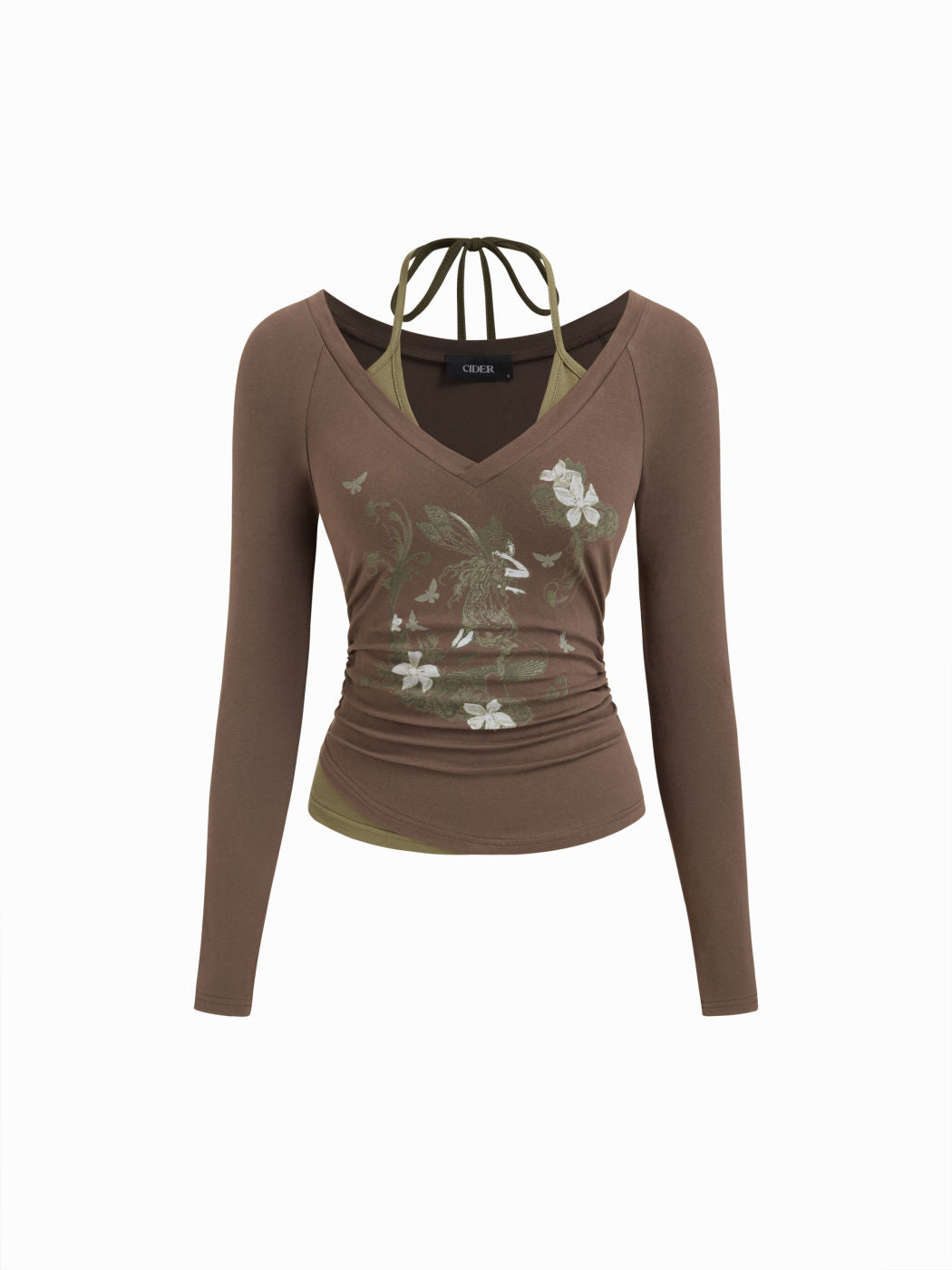 Cotton-blend V-neck Graphic Ruched Long Sleeve Tee