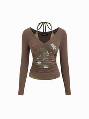 Cotton-blend V-neck Graphic Ruched Long Sleeve Tee