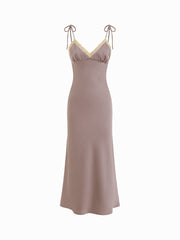 Silk V-neck Knotted Lace Trim Slip Maxi Dress