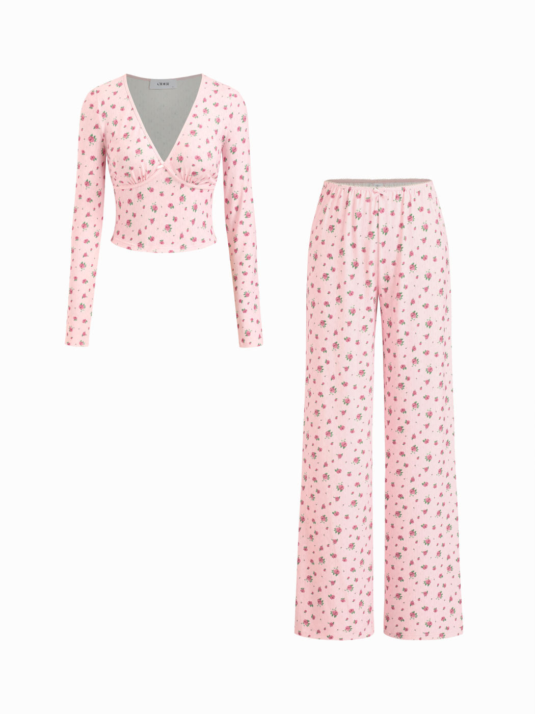V-Neck Ditsy Floral Cropped Top & Mid Rise Straight Leg Trousers Loungewear Set