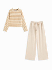 Fleece Striped Top & High Rise Drawstring Wide Leg Trousers Loungewear Set