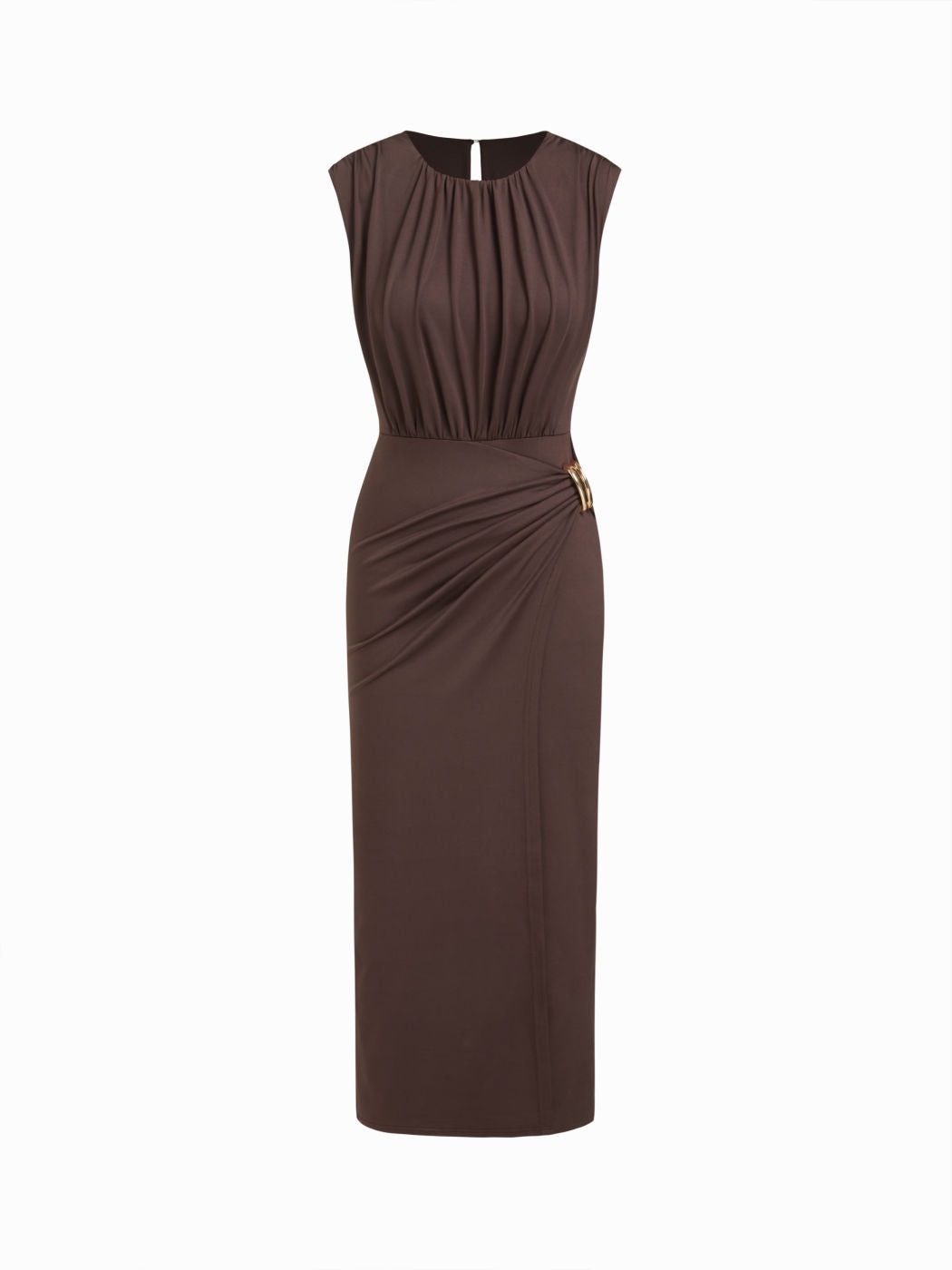 Round Neckline Ruched Metal Detail Maxi Dress