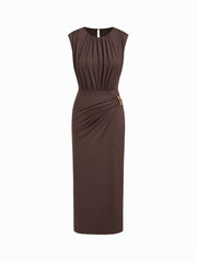 Round Neckline Ruched Metal Detail Maxi Dress