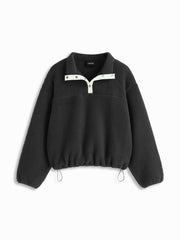 Fleece Collar Drawstring Button Long Sleeve Sweatshirt