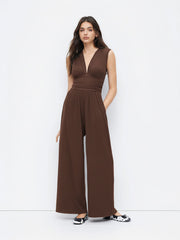 V-neck Ruched Solid Wide Leg Jumpsuit