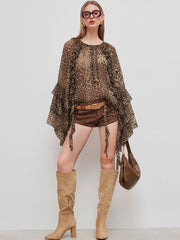 Chiffon Ruffle Hem See-through Bell Sleeve Blouse