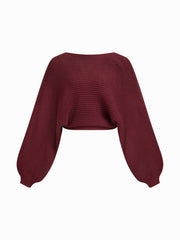 Knit V-neck Bowknot Puff Sleeve Wrap Sweater