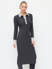 Polo Long Sleeve Two Tone Straight Maxi Dress