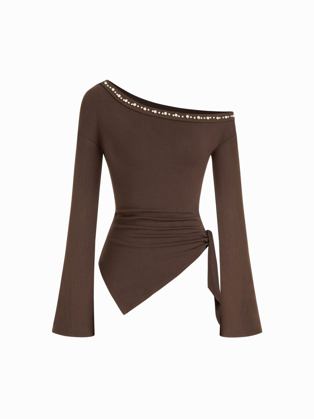Jersey Asymmetrical Neck Pearl Tie Side Ruched Top
