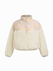 Cotton Fleece Patched Stand Collar Floral Contrasting Binding Sweatshirt Curve & Plus