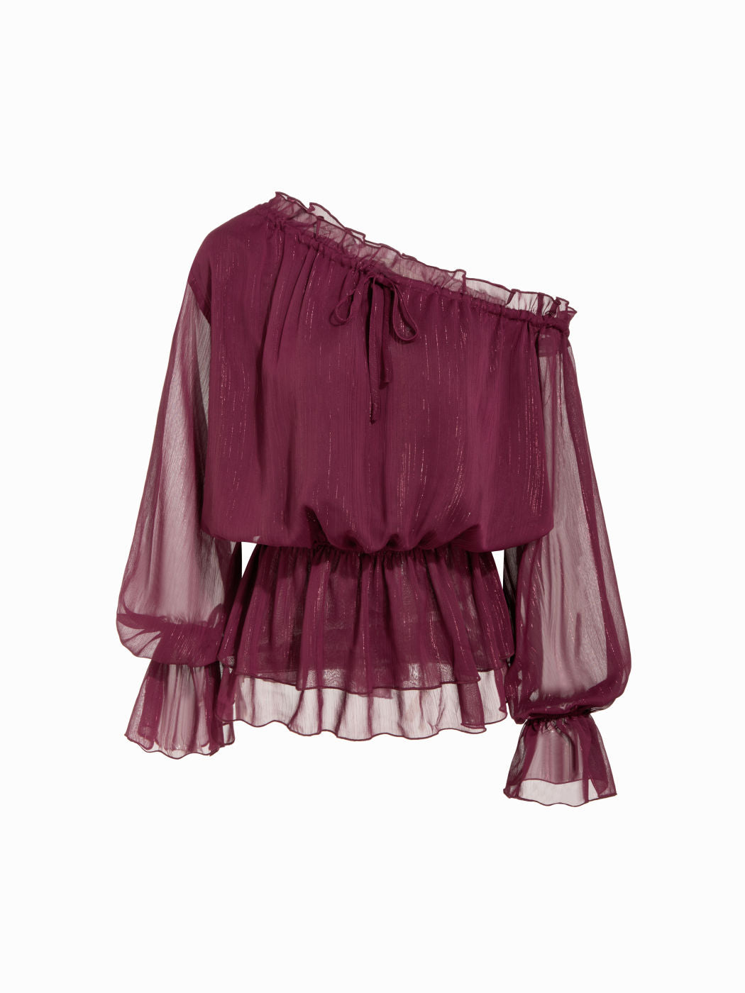 Sheer Asymmetrical Neck Ruffled Puff Sleeve Blouse