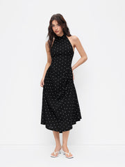 Polka Dot Halter Neckline Knotted Flared Midi Dress