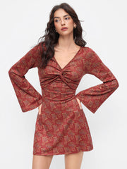 Floral V-neck Bell Sleeve Twist Mini Dress