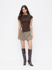 Cowl Neck Asymmetrical Hem Metal Button Split Short Sleeve Top