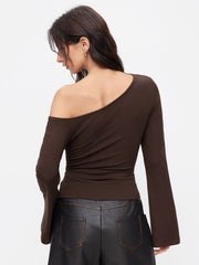 Asymmetrical Neck Metal Detail Draped Long Bell Sleeve Tee
