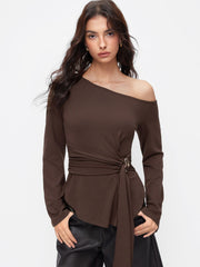 Asymmetrical Neck Metal Detail Draped Long Bell Sleeve Tee