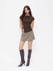 Cowl Neck Asymmetrical Hem Metal Button Split Short Sleeve Top