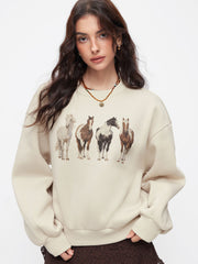 Cotton-blend Horse Graphic Round Neckline Oversized Sweatshirt