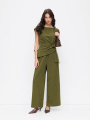 Boat Neck Stripe Ruched Knotted Straight Leg Jumpsuit