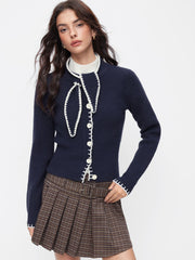 Knit Stand Collar Bowknot Contrasting Binding Long Sleeve Cardigan