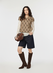 Peter Pan Collar Houndstooth & Polka Dot Button Short Sleeve Blouse