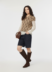 Peter Pan Collar Houndstooth & Polka Dot Button Short Sleeve Blouse