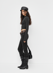 High Neck Striped Asymmetrical Zipper Metal Detail Long Sleeve Top