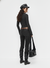 High Neck Striped Asymmetrical Zipper Metal Detail Long Sleeve Top