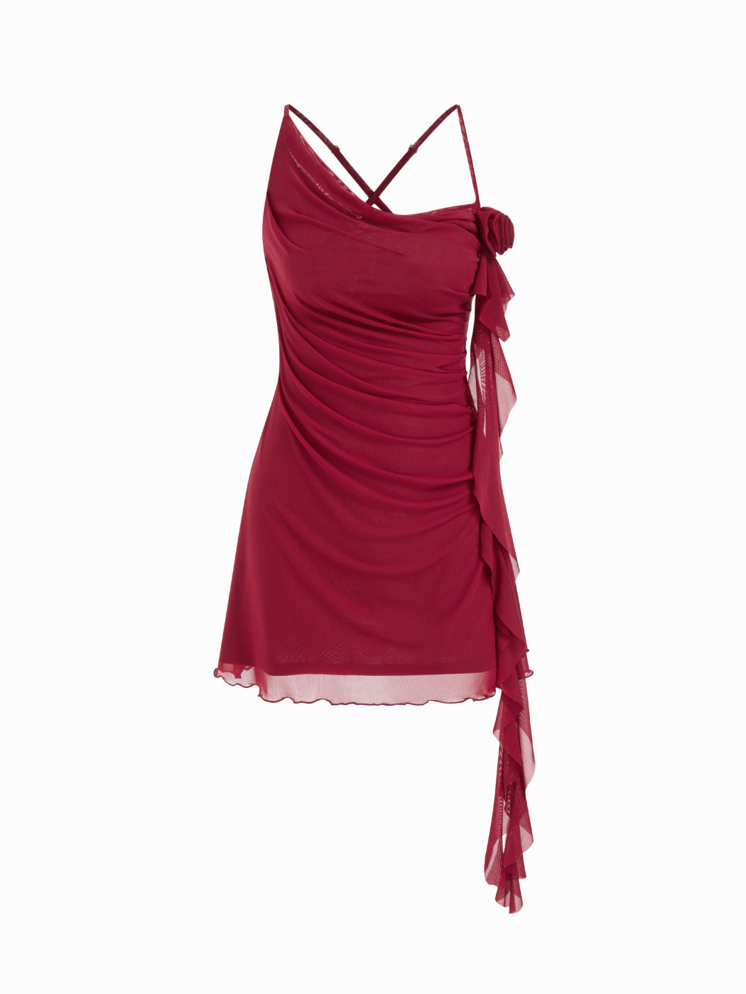 Mesh Asymmetrical Neck Ruched Floral Applique Mini Dress